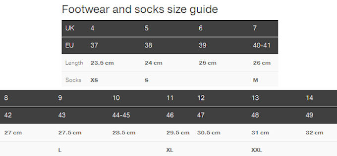 Palm Drysuit Size Chart