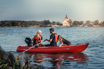 Gumotex Ruby XL On The Water Paddling With Motor 3 Seat Inflatable Canoe Style Boat