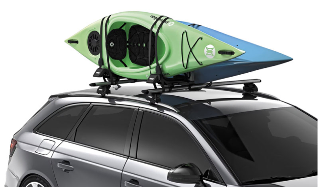 Thule Hull-A-Port XTR In Upright Position Being Used As A 2 Kayak Stacker With Kayaks Fitted To The Roofrack