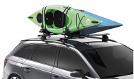 Thule Hull-A-Port XTR In Upright Position Being Used As A 2 Kayak Stacker With Kayaks Fitted To The Roofrack