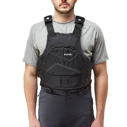 NRS Ion Black Front View Worn Low Profile PFD On Sale At Norfolk Canoes 
