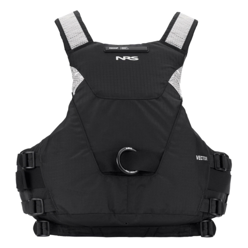 NRS Vector Whitewater Safety And Rescue Spec Buoyancy Aid, Rearward View Showing Quick Release Chest Harness With Anti Snag Aluminium O-Ring Attachment