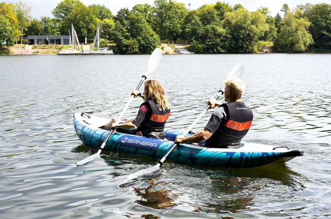 Spinera Duo 340 Inflatable Tandem Kayak With Hard Drop Stitch Floor Paddling On The Water