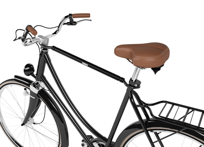 Thule bike frame adapter mounted on a ladies bike