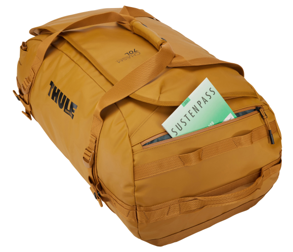 Thule Chasm Duffel In Gold Showing Top Zipped Pocket For Essential items