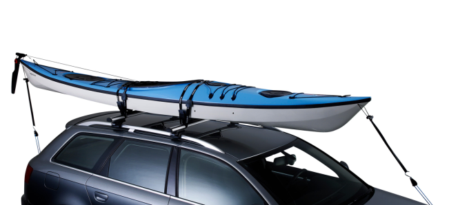 Thule Quick Draw Straps Securing A Long Touring Kayak On A Roof Rack
