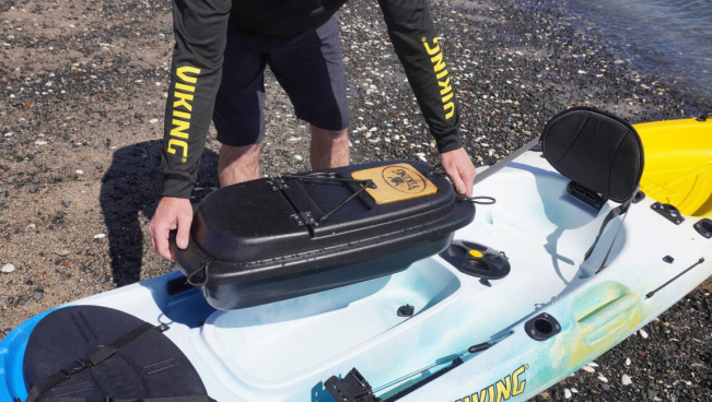 Viking Kayaks Profish 400 Removable Tackle Pod In Action On Sale At Norfolk Canoes UK