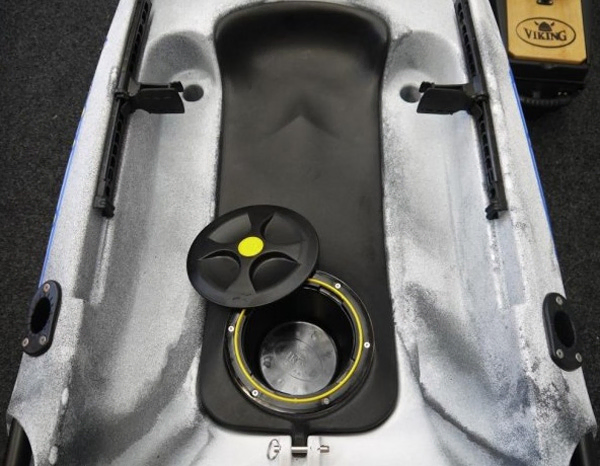 Viking Kayaks Kid Pod Rear Screw Hatch Open Showing Internal Removable Storage Bucket